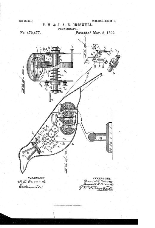 Patent drawing of a cylinder phonograph mechanism with a screw-threaded shaft, spring, cam, and latch assembly, shown both as isolated hardware and mounted inside the hollow body of a crow figure on a pedestal.