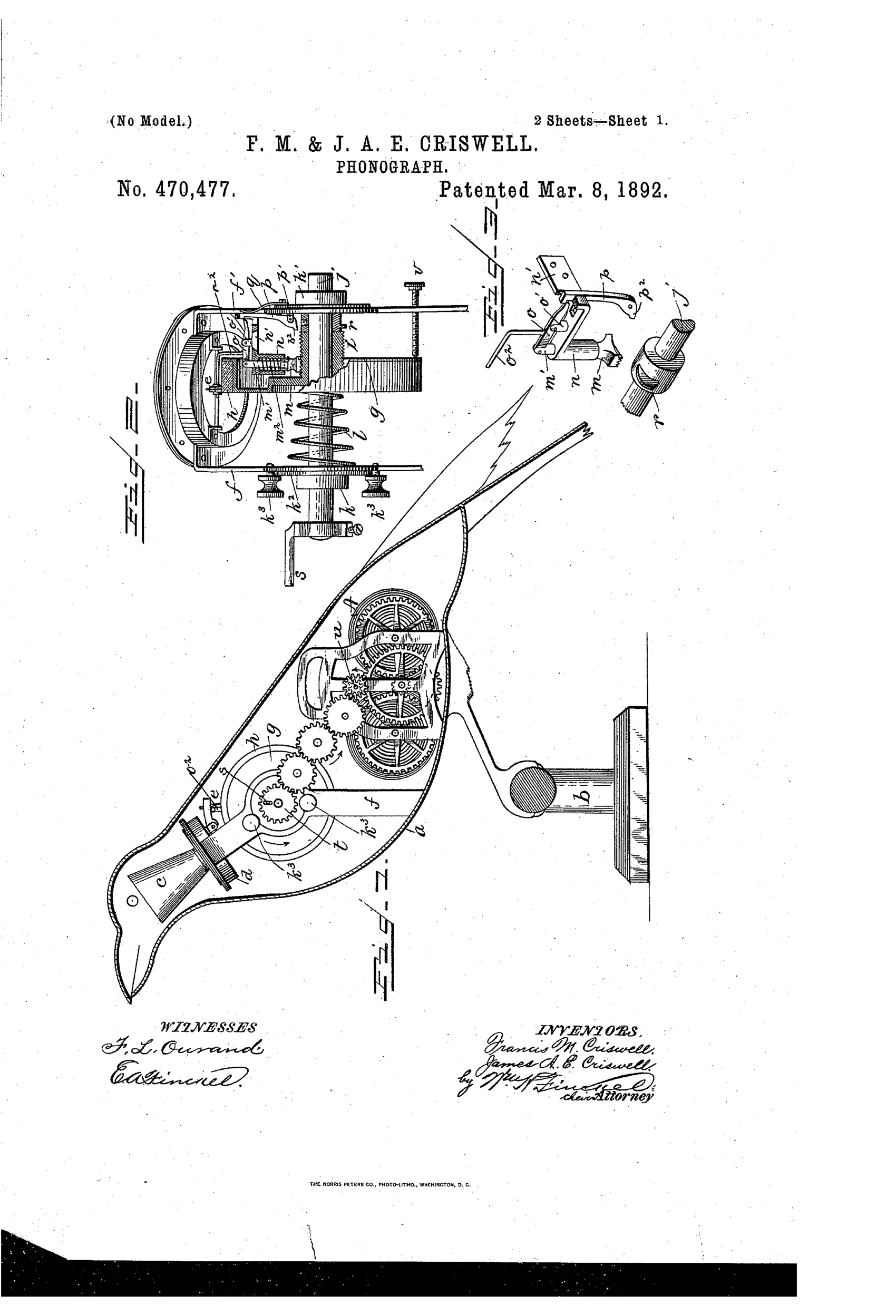 Patent drawing of a cylinder phonograph mechanism with a screw-threaded shaft, spring, cam, and latch assembly, shown both as isolated hardware and mounted inside the hollow body of a crow figure on a pedestal.