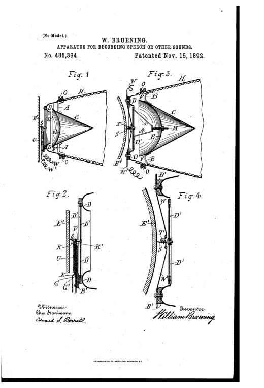 Patent drawing of a conical phonograph horn with an internal cone-shaped deflector, concave annular and spherical reflectors, a diaphragm, and an electrically heated recording stylus mounted on springs and insulating mica strips.