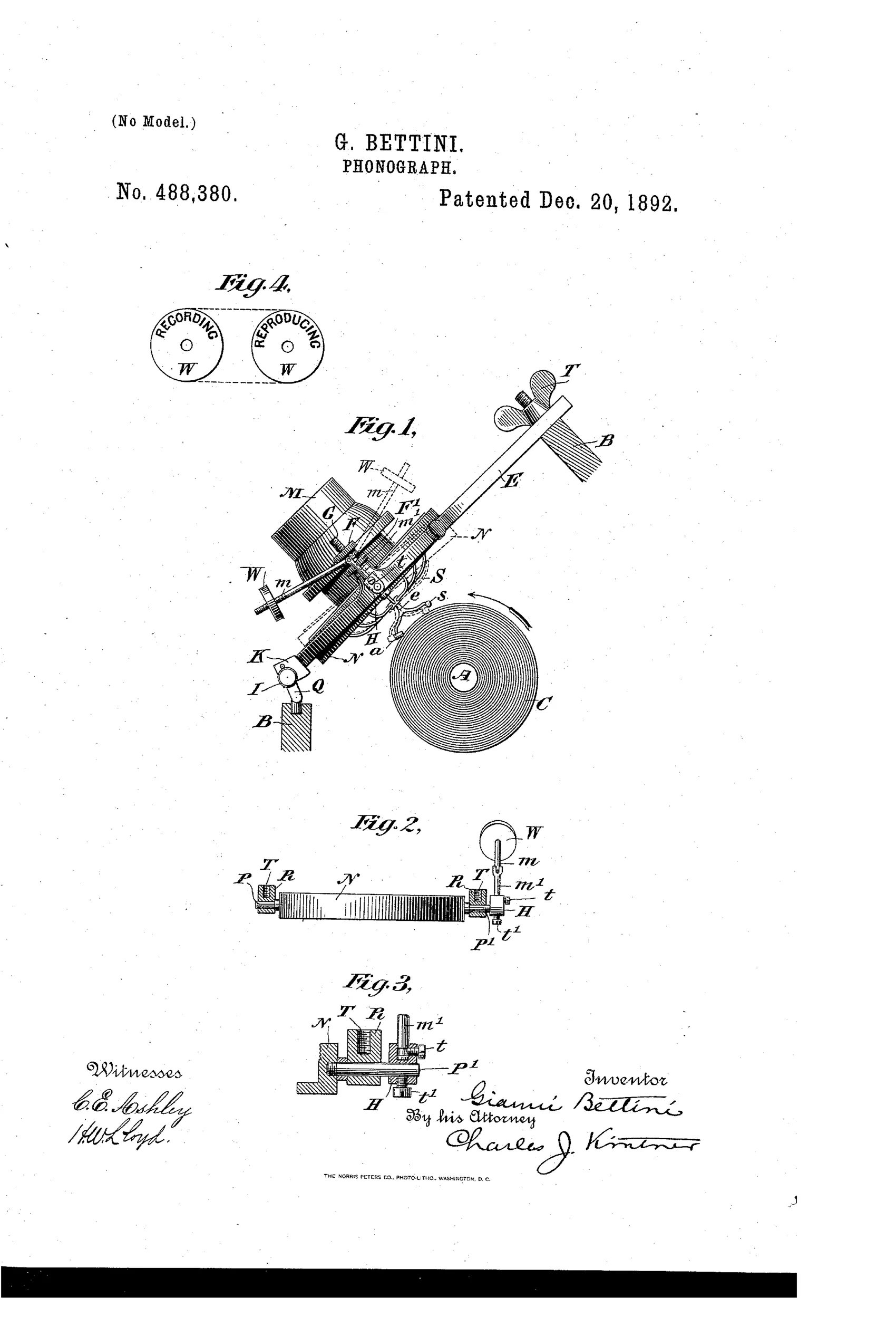 Patent drawing of a Bettini phonograph showing a cylindrical mandrel labeled A and C beneath an angled tone-arm assembly with mouthpiece M, diaphragm ring N, and spider S holding two styluses, with a small dual-faced weight indicator labeled 'Recording' and 'Reproducing' shown separately above.