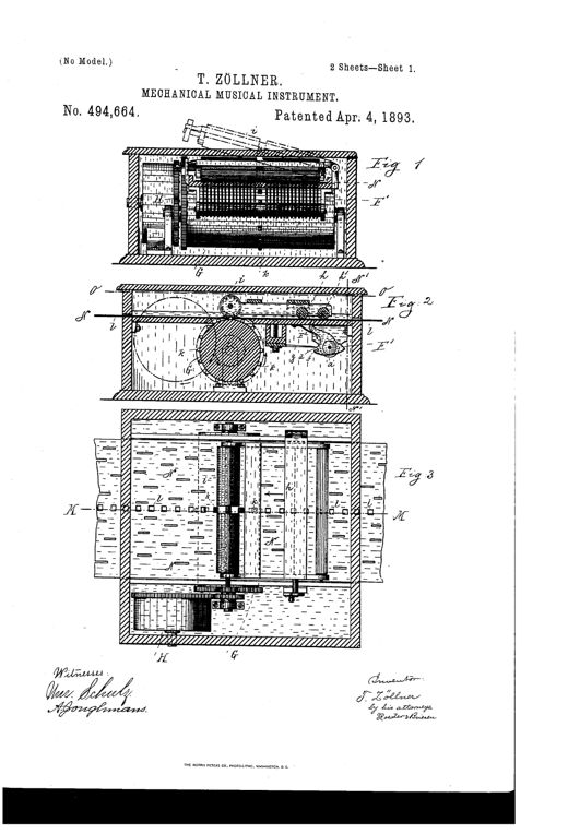 Patent drawing of a mechanical musical instrument showing a box with a perforated paper roll fed over rows of spring-loaded hammers that strike tuned metal tongues, with cross-section and detail views of the hammer and damper mechanism in various positions.