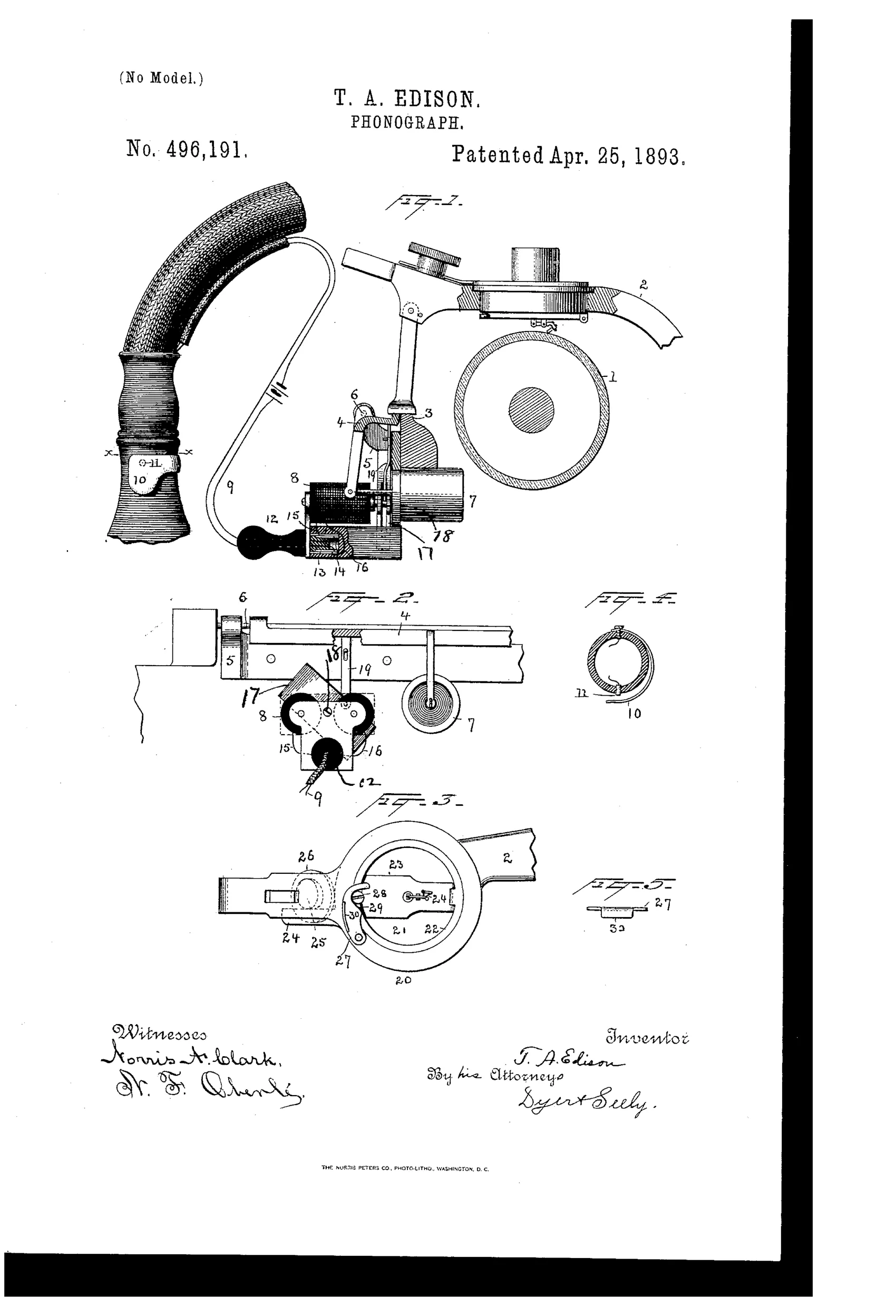 Patent drawing showing an Edison phonograph mechanism with a cloth-wrapped speaking horn, a coiled wire leading to a circuit controller plug, a cylindrical mandrel labeled 1, a rocking holding arm numbered 2, an electro-magnet and tilting bar assembly with armature 17, and a separate diagram of the recorder/reproducer plate with cam and pivot mechanisms labeled 20 through 30.