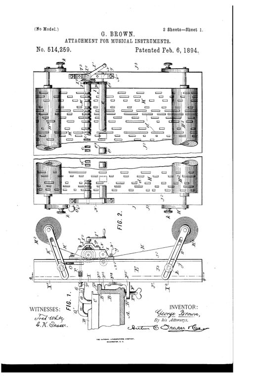 Patent drawing of a rectangular wooden frame mounted atop a piano keyboard, showing rows of pivoted hammers, a perforated paper music sheet threaded over rollers at top and bottom, and a hand crank with gears driving the sheet across the hammer tips.