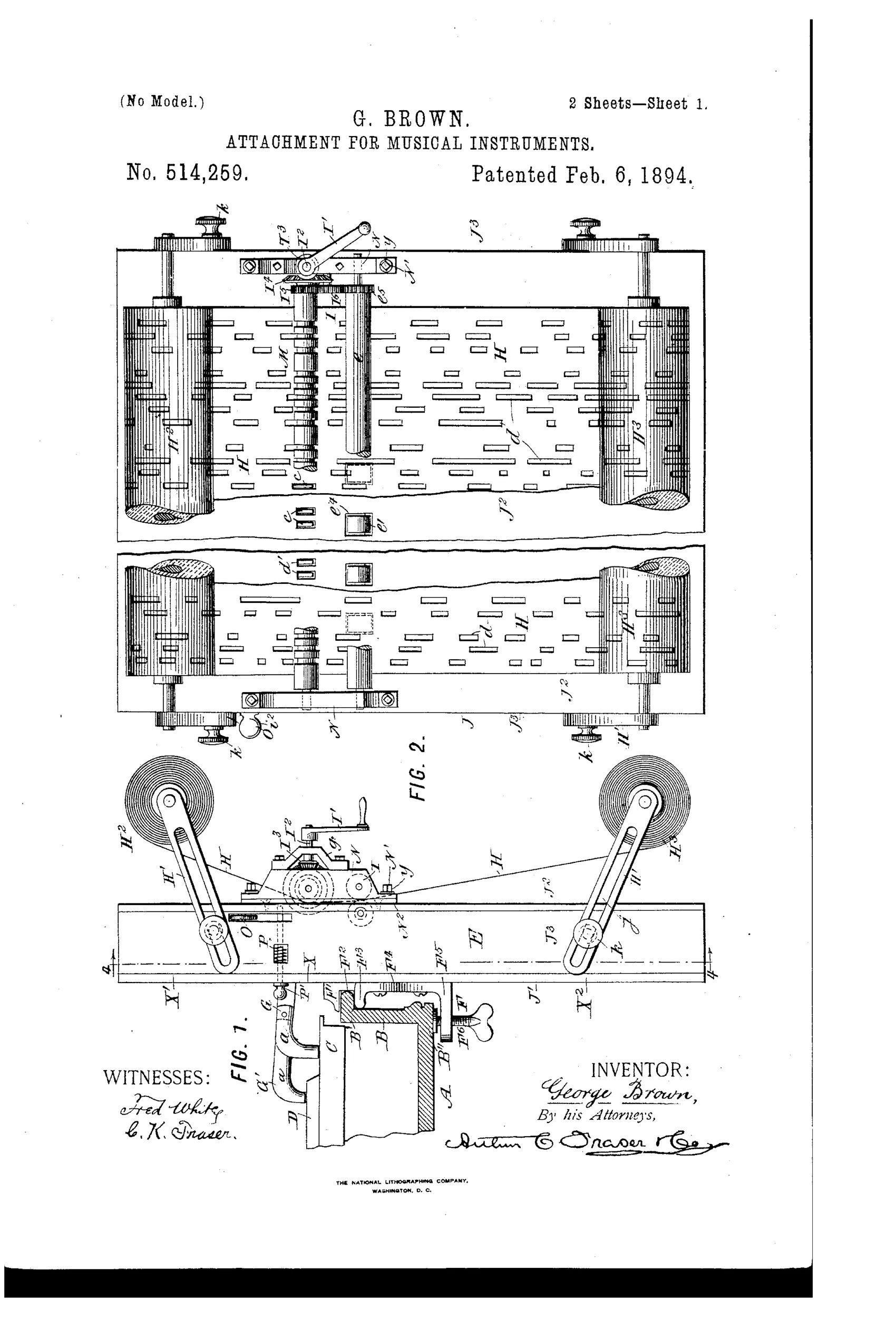 Patent drawing of a rectangular wooden frame mounted atop a piano keyboard, showing rows of pivoted hammers, a perforated paper music sheet threaded over rollers at top and bottom, and a hand crank with gears driving the sheet across the hammer tips.