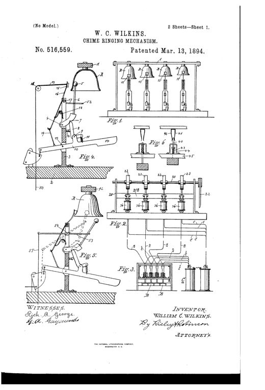 Patent drawing of a chime-ringing apparatus showing four bells mounted in a frame with hammers and dampers, a rotating shaft with friction pulleys and electro-magnets below, and a keyboard with battery cells connected by wires to operate each bell's hammer.