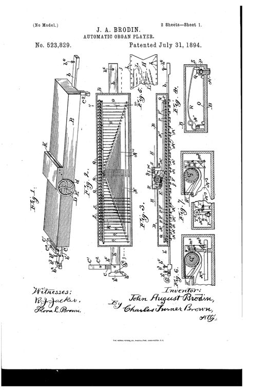 Patent drawing of a rectangular case fitted over a piano or organ keyboard, showing internal rollers, a crank wheel, a perforated metal sheet feeding through gears, and rows of pins aligned with keys.