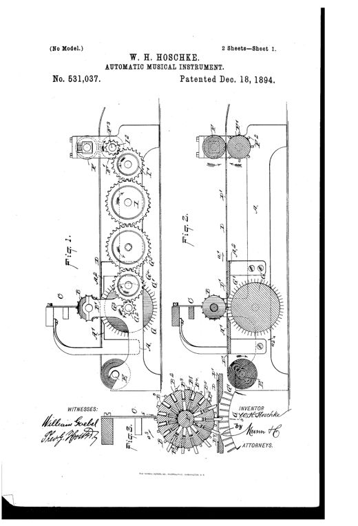 Patent drawing of a mechanical music player showing a paper roll feeding over a star wheel with plungers, geared to a spring-driven blade cylinder that plucks a comb.