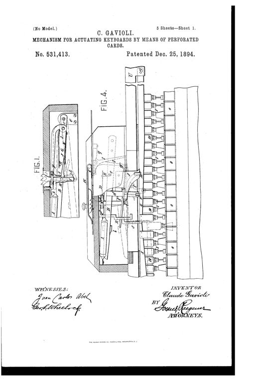 A multi-view mechanical patent drawing showing a wooden case with levers, rods, and a perforated paper card threading through a keyboard-actuating mechanism mounted atop an organ's keys.