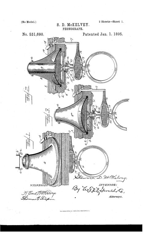 Patent drawing of a phonograph mechanism showing a horn-shaped diaphragm chamber connected via U-shaped amplificatory levers and a rocking bar to interchangeable recording and reproducing styles, with detailed close-ups of the lever linkage and style shanks.