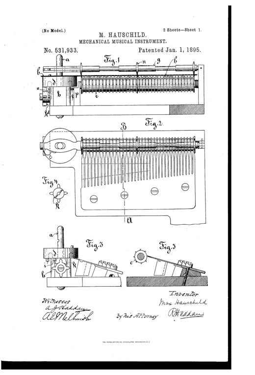Patent drawing of a mechanical musical instrument showing a comb-and-pin-wheel mechanism, a rotary disk carrying a perforated music sheet with concentric slot tracks, a cam and spring-loaded sliding block for shifting the sheet's center, and a spur wheel and shaft assembly for rotating the sheet.