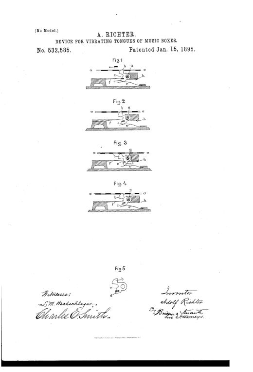 Technical patent drawing showing four side-elevation views (Figs. 1-4) of a small pivoted hammer mechanism with labeled parts a, b, c, d, e, f, g, h interacting with a perforated note sheet and a steel tongue above a hatched base plate, plus a fifth isolated detail view of the hammer (Fig. 5).