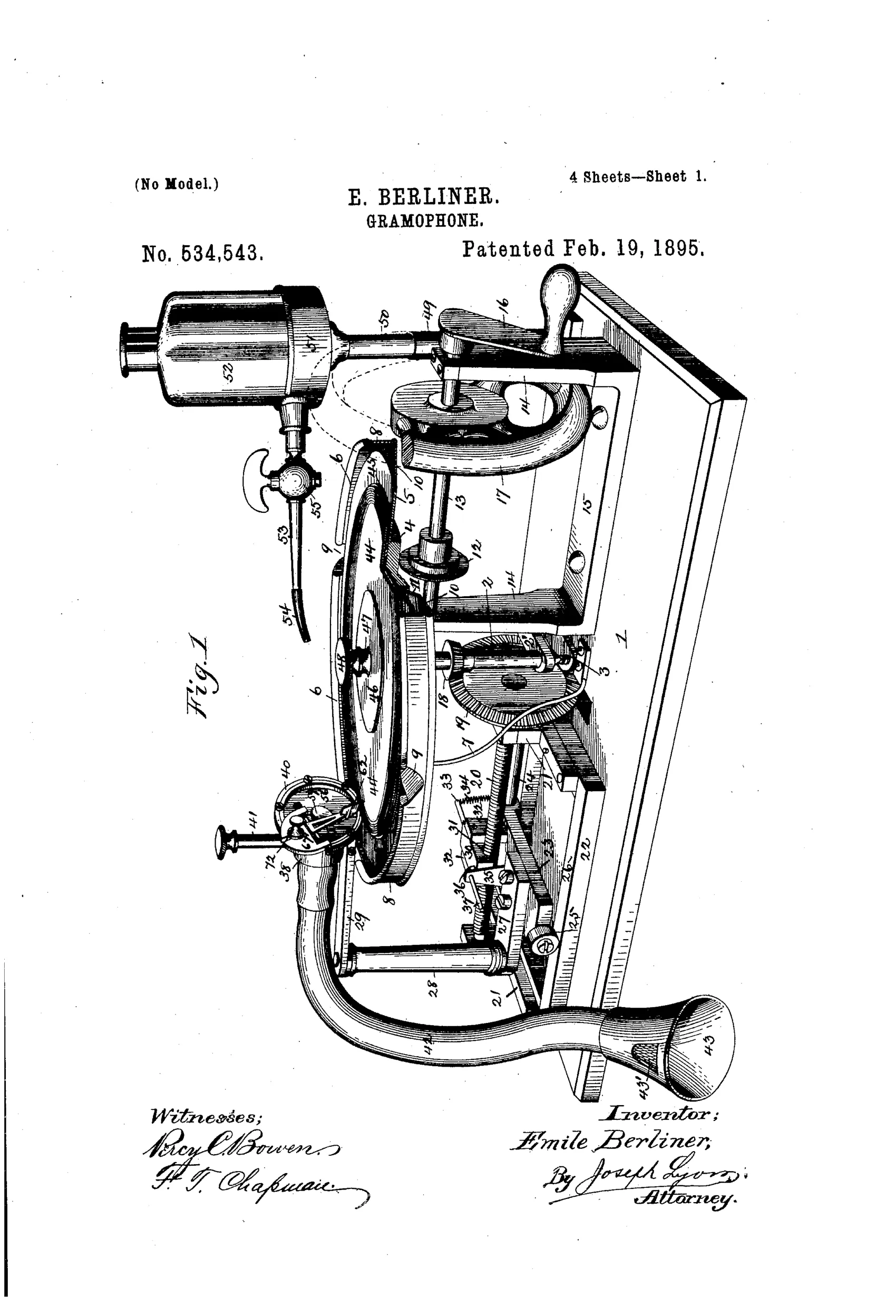 A perspective mechanical drawing of an early disc gramophone recorder showing a flat horizontal disc mounted on an upright shaft, a hand crank and flywheel driving the mechanism via gears and a screw-threaded shaft, a diaphragm and stylus assembly on an arm above the disc, and a flexible tube leading to a flaring alcohol reservoir and a curved sound-conveying tube ending in a bell-shaped mouth-piece.