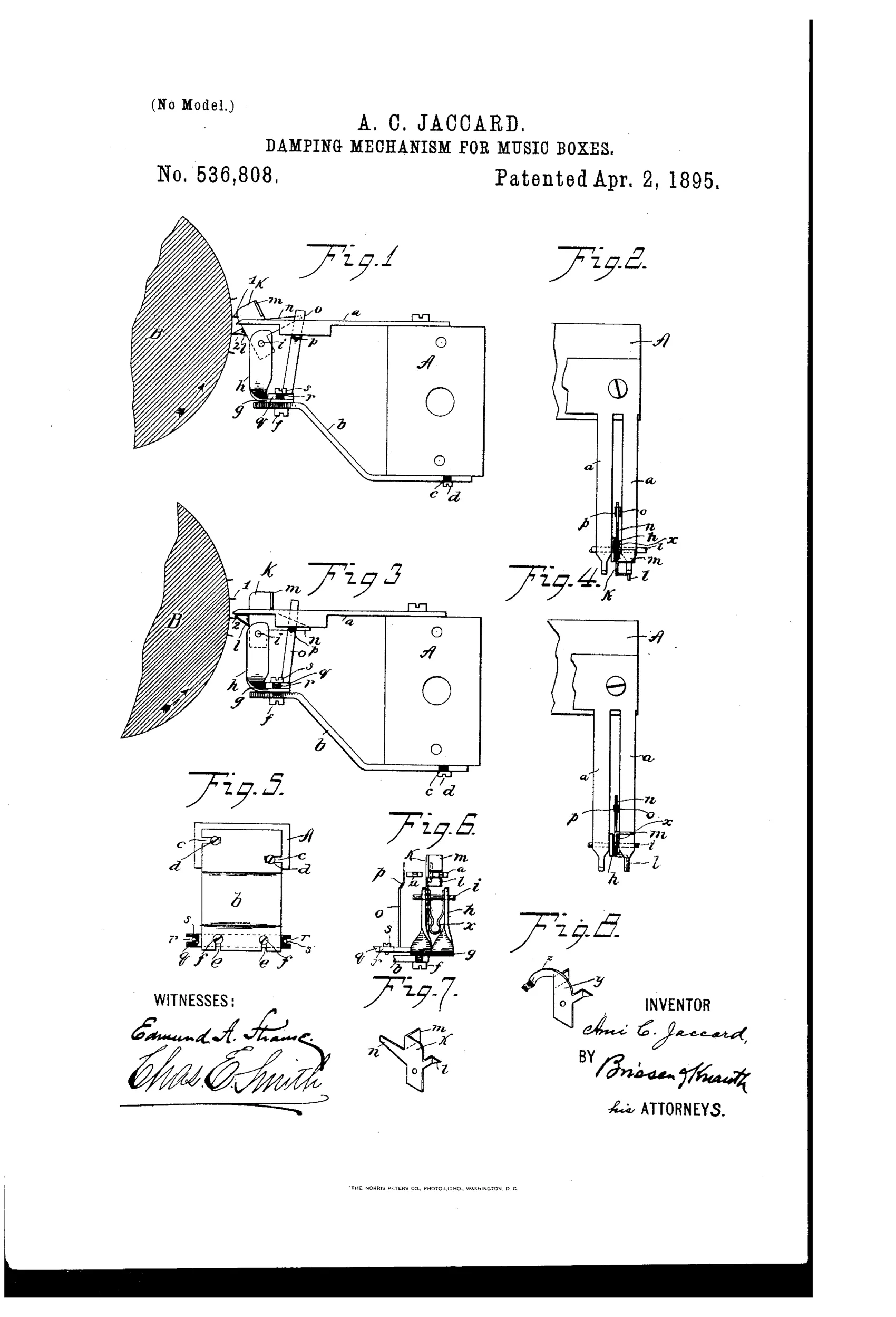 Patent drawing showing side and top views of a music-box damping mechanism with a pivoted damper plate, pin cylinder, vibrating tongue, and adjustable support plate, labeled with reference letters a through z.