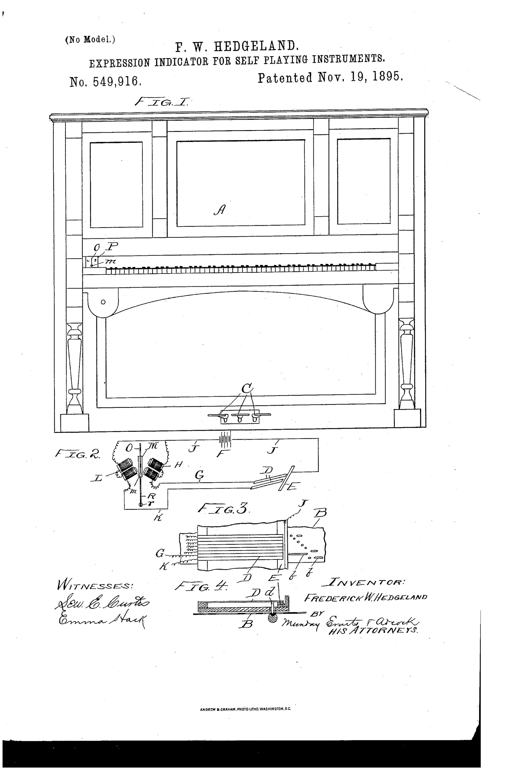 Front elevation of an upright piano case with three paneled windows above the keyboard, a small pointer and dial labeled O and P near the treble end of the keys, three pedals below, and accompanying schematic diagrams of the electric circuit, perforated control strip, and circuit-closer mechanism beneath the main drawing.