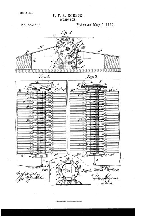 Technical patent drawing showing a music box mechanism with a sectional elevation (Fig. 1) of reeds, toothed striker-wheels, and a note-sheet on rollers, plus two detailed plan views (Figs. 2 and 3) of rows of reeds with adjustable striker mechanisms, and small detail views (Figs. 4 and 5) of the toothed actuating and striker wheels.