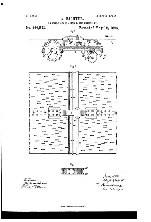 Technical patent drawing showing a mechanical music player's feed wheels, perforated music sheet with driving holes, fly-wheel governor mechanism, and a cabinet console housing the instrument.