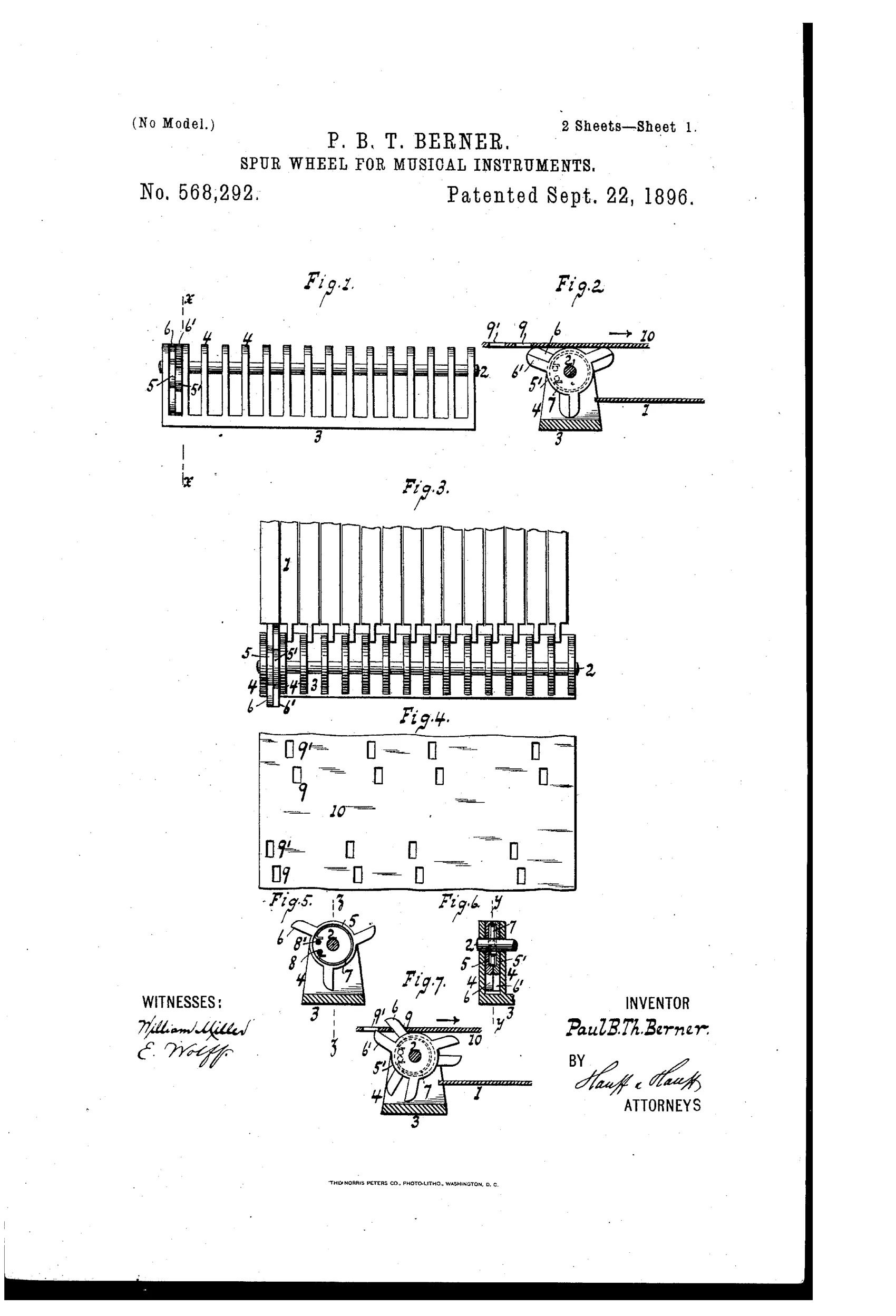 Patent drawing showing a row of vertical metal tongues mounted above a toothed pick wheel assembly, with detail views of the divided spur-wheel teeth engaging a perforated paper music sheet.