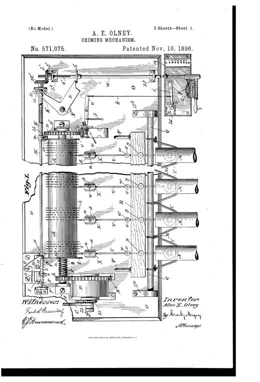 Patent drawing of a chiming mechanism showing a large pinned cylinder barrel, hammer shanks striking tubular bells, gearing, a fan regulator, and a start/stop control panel with numbered tune-selection holes.