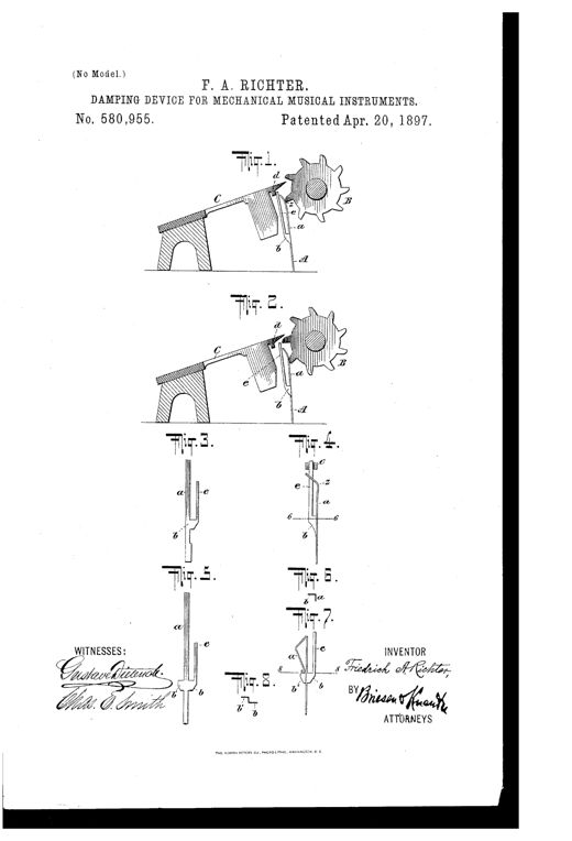 Patent drawing showing a spring-metal damper arm pressing against a toothed star-wheel that vibrates a metal music-tongue, with several detail views of the forked damper blank and its bent damping-finger.