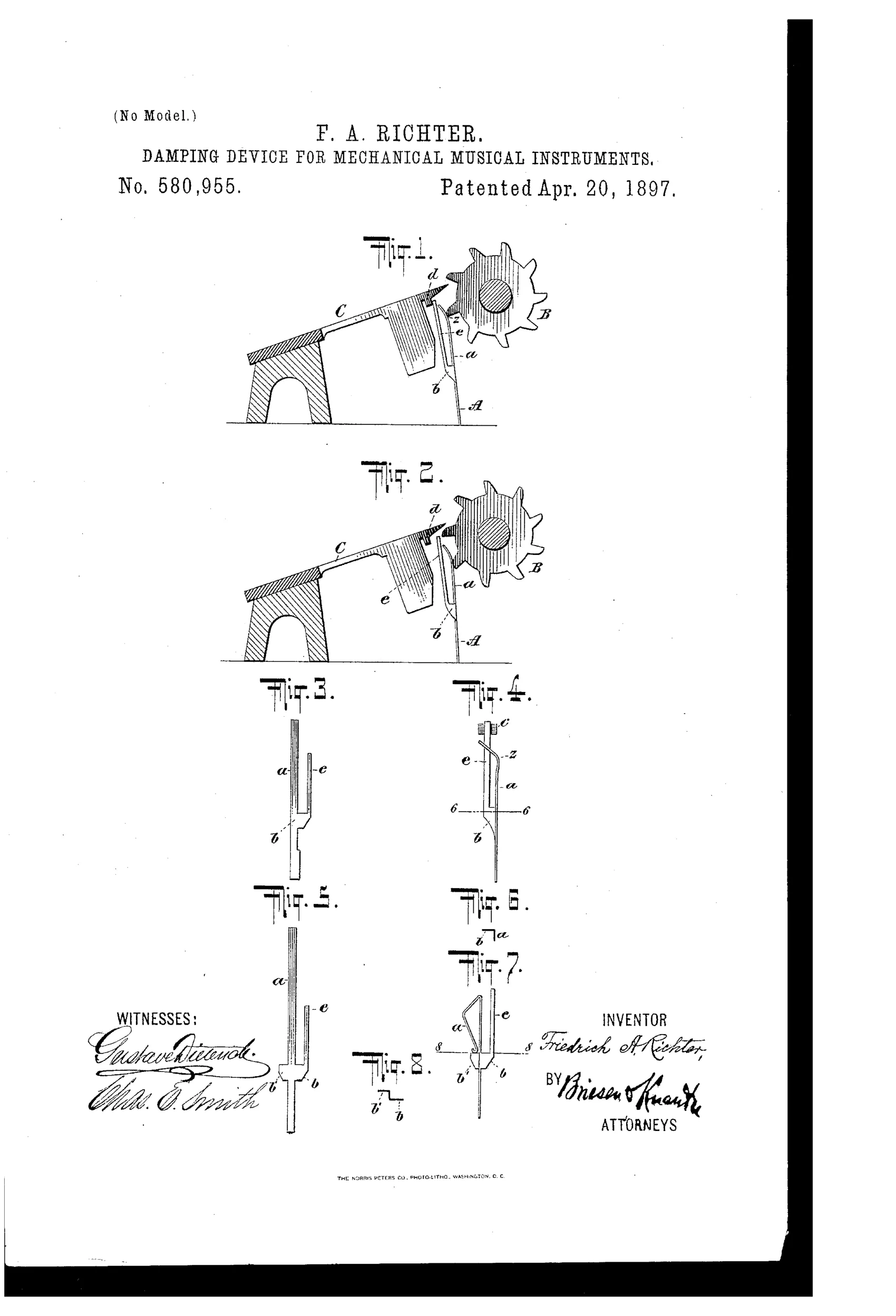 Patent drawing showing a spring-metal damper arm pressing against a toothed star-wheel that vibrates a metal music-tongue, with several detail views of the forked damper blank and its bent damping-finger.