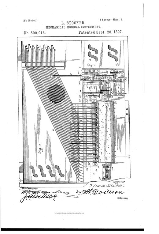 Patent drawing of a rectangular musical instrument case showing rows of tuned strings, a pinned rotating cylinder, gear train, hammer-carriage with individual hammers, and a hand crank winding lever, all mounted on a wooden base-block.