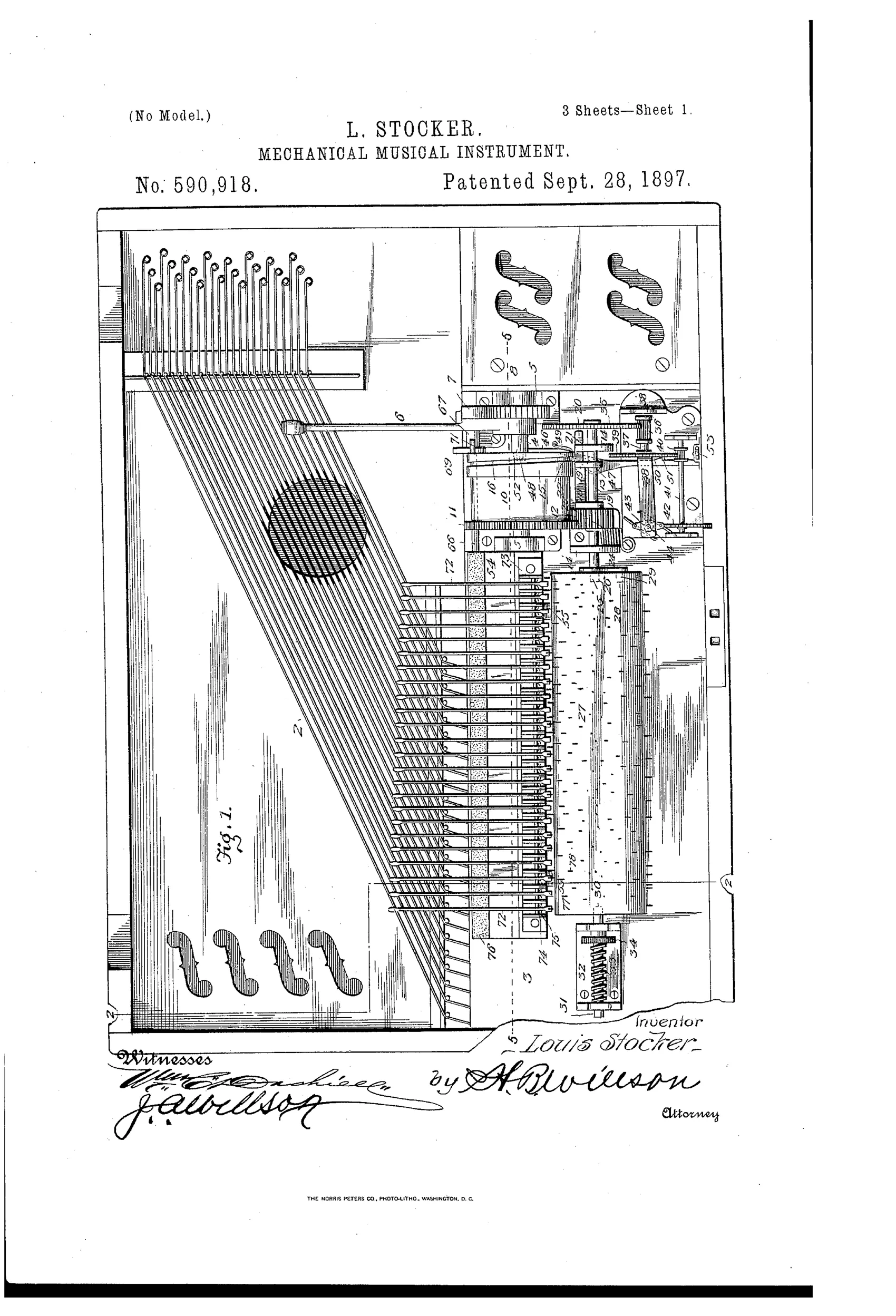 Patent drawing of a rectangular musical instrument case showing rows of tuned strings, a pinned rotating cylinder, gear train, hammer-carriage with individual hammers, and a hand crank winding lever, all mounted on a wooden base-block.