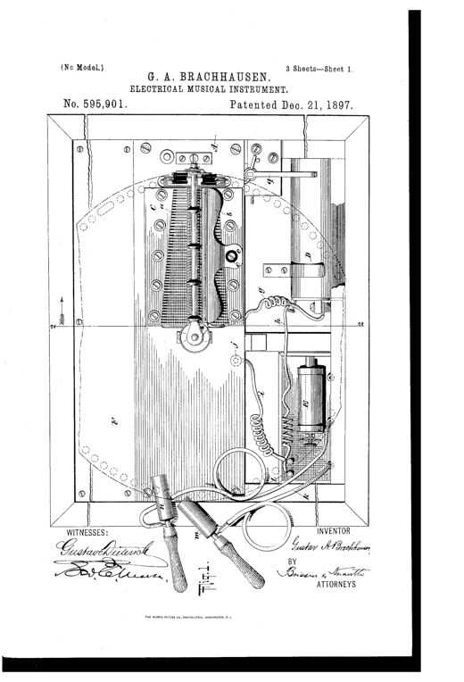 Patent drawing of a music box cabinet showing the comb and star-wheel mechanism, cylinder, battery, induction coil, and wired handles for administering electric shocks in time with the music.