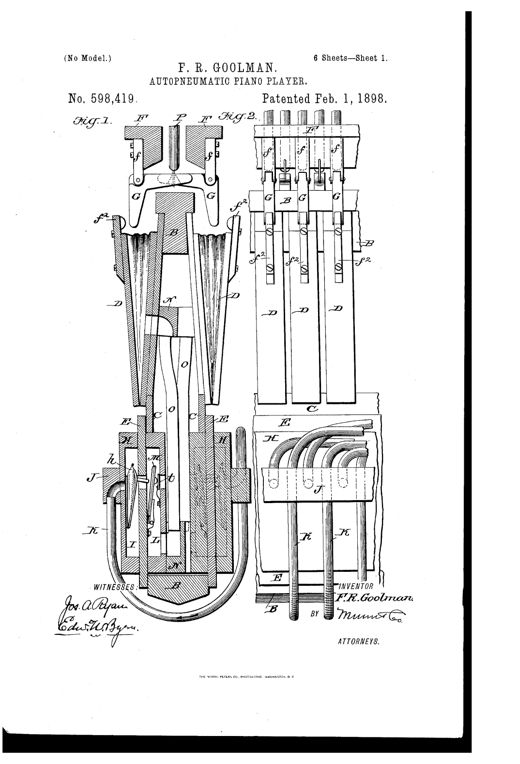 Cutaway front elevation of an upright piano cabinet revealing the pneumatic player mechanism, including vertical striking bellows, valve-board, tubing to a tracker bar, paired music rolls in a lower drawer, and a flywheel-driven exhaust pump at the base.