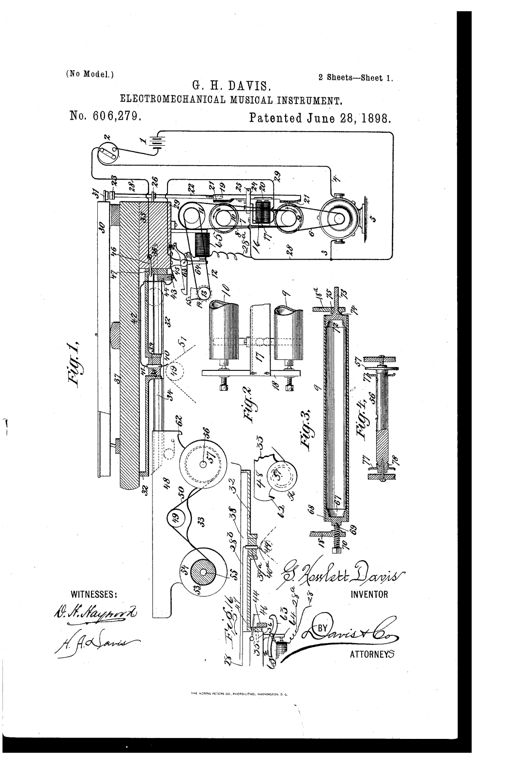 Patent drawing showing a piano attachment with a battery, electric motor, rotating friction drums, a bank of electromagnets with striker rods, a perforated paper music roll and take-up spool, and a sliding drawer contact mechanism, with the inventor's cursive signature at bottom.