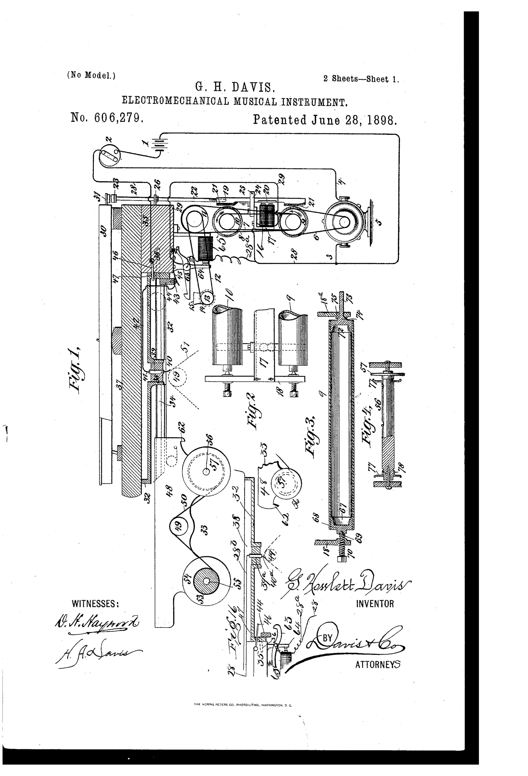 Patent drawing showing a piano attachment with a battery, electric motor, rotating friction drums, a bank of electromagnets with striker rods, a perforated paper music roll and take-up spool, and a sliding drawer contact mechanism, with the inventor's cursive signature at bottom.