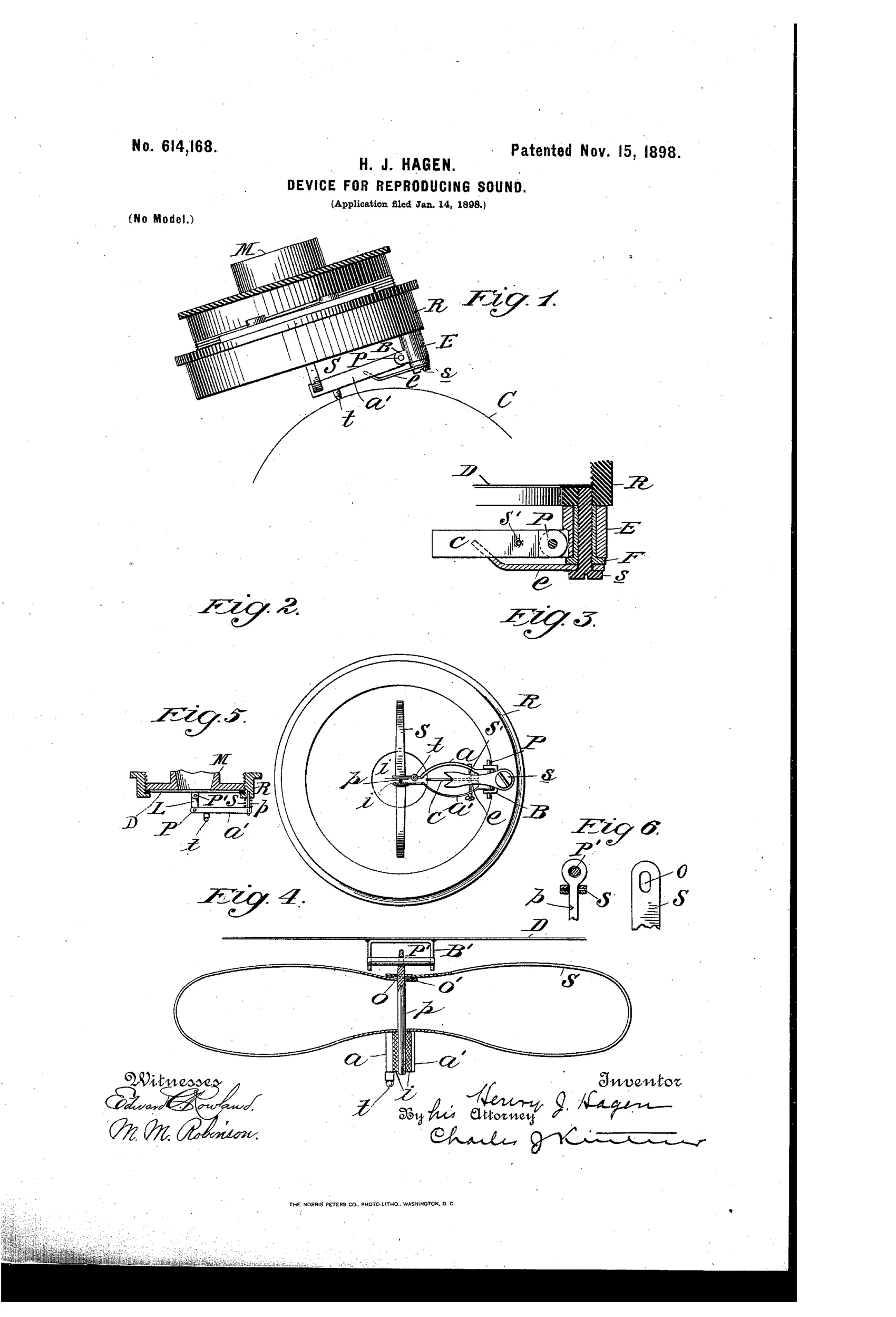 Patent drawing of a cylinder phonograph reproducer assembly showing the mouthpiece, diaphragm ring, spring-arms, universal joint pivot, and stylus arranged over a record cylinder, with additional detail views of the yoke, pin, and spring connections.