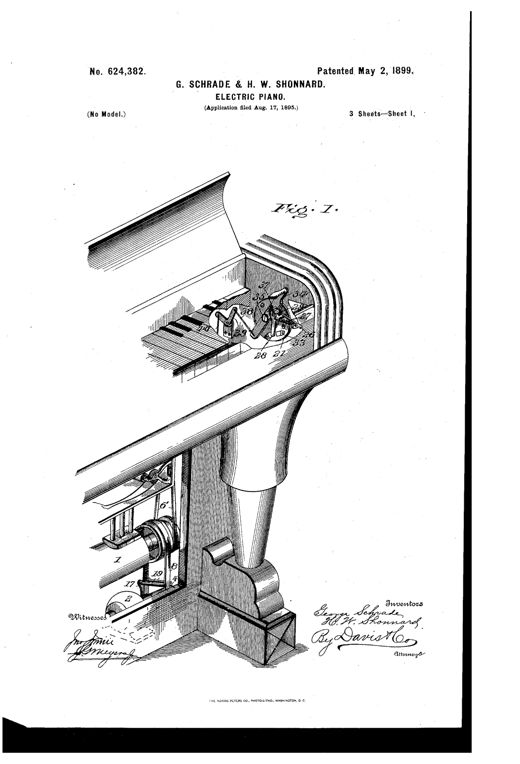 Cutaway perspective drawing of a piano corner exposing internal gears, pulleys, belts, a motor, and an electric switch mechanism beneath the keyboard and leg.