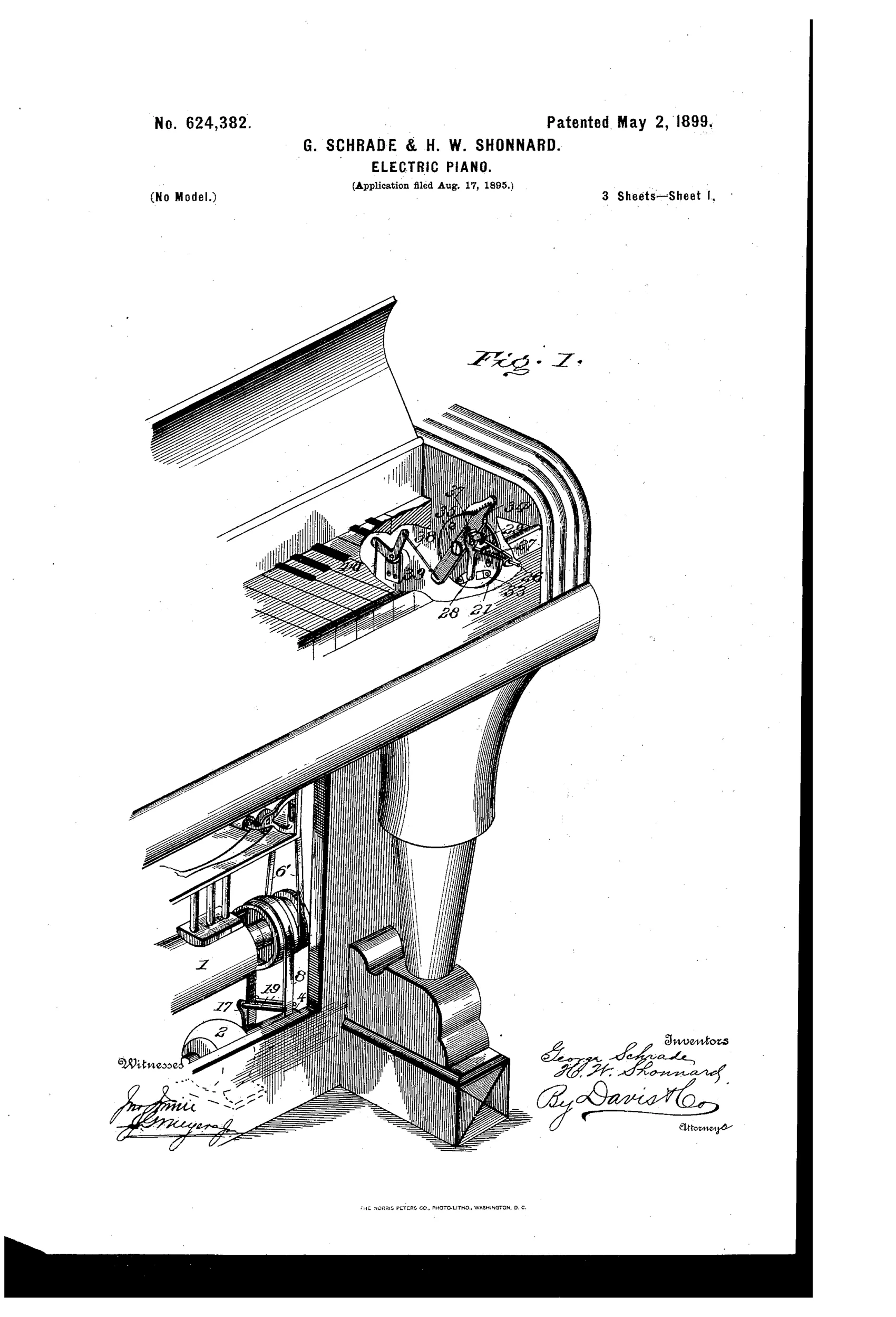 Cutaway perspective drawing of a piano corner exposing internal gears, pulleys, belts, a motor, and an electric switch mechanism beneath the keyboard and leg.