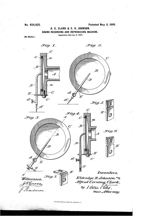 Technical patent drawing showing a phonograph diaphragm assembly in cross-section and face view, with a stylus bar D extending downward through a yielding spring plate E to a needle point d', alongside detail views of grooved supporting plates labeled Fig. 5, 6, and 7.