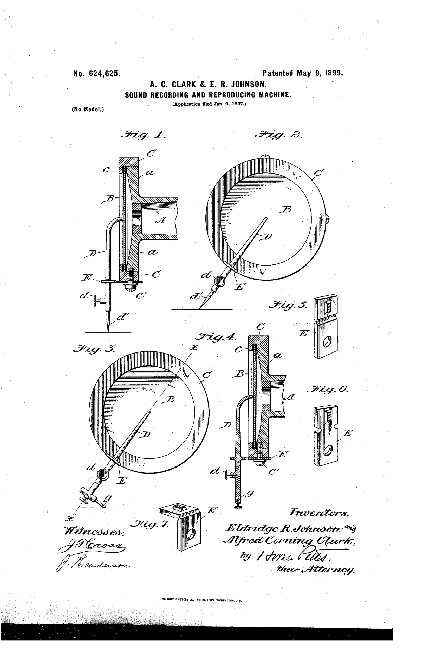 Technical patent drawing showing a phonograph diaphragm assembly in cross-section and face view, with a stylus bar D extending downward through a yielding spring plate E to a needle point d', alongside detail views of grooved supporting plates labeled Fig. 5, 6, and 7.