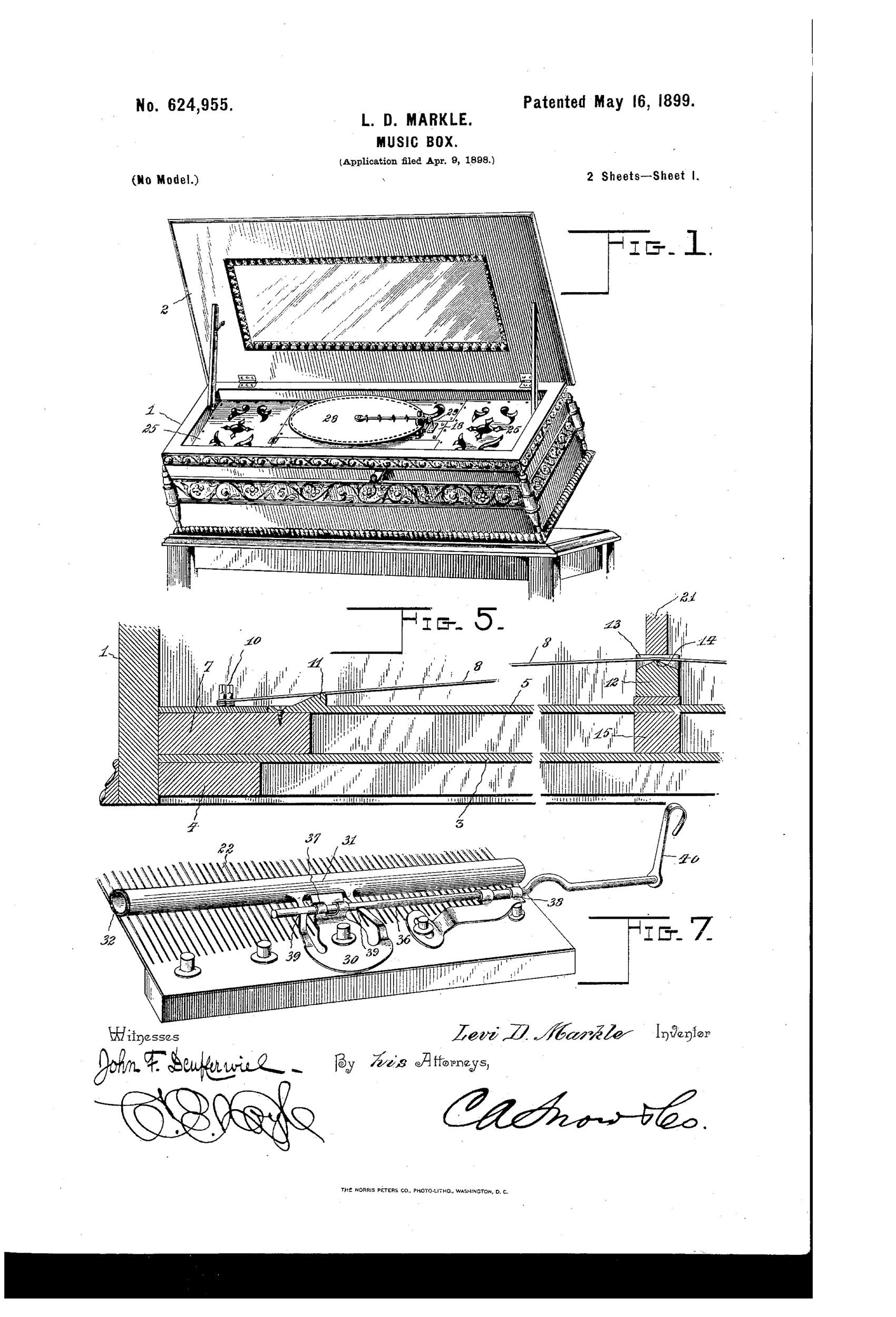 An ornate open music box with a mirrored lid, showing the comb mechanism and rotating disk inside, alongside cross-section diagrams of the sounding-board, resonance boxes, and a hand-crank cithern attachment mechanism.