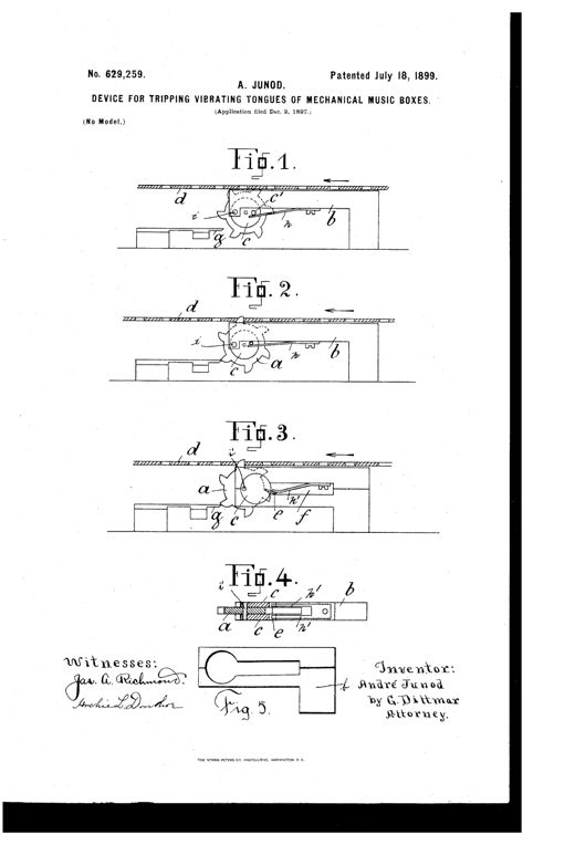 Patent drawing showing four side-view diagrams of a toothed tripping wheel mounted on an eccentric pivoted disk beneath a perforated music sheet, with a fifth detail figure of the frame's circular support opening.