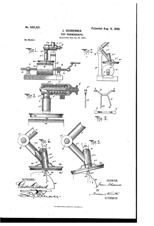 Patent drawing sheet showing six figures of a small toy phonograph: a side view and end view of the whole machine on a base with cylinder and crank, an enlarged cross-section of the sound tube chamber, two comparative details of the diaphragm and double-pointed pin in reproducing versus recording positions, and an isolated view of the bifurcated diaphragm pin itself.