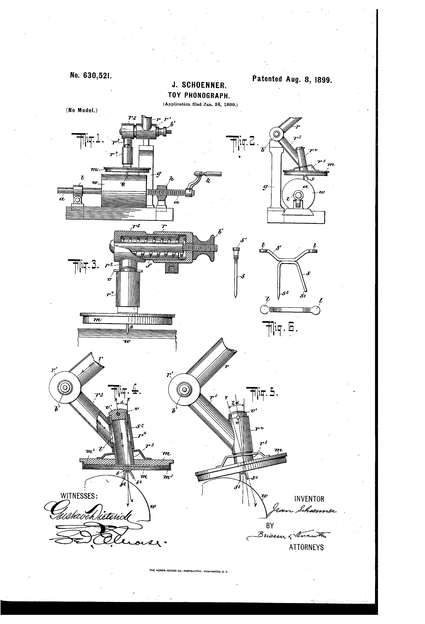 Patent drawing sheet showing six figures of a small toy phonograph: a side view and end view of the whole machine on a base with cylinder and crank, an enlarged cross-section of the sound tube chamber, two comparative details of the diaphragm and double-pointed pin in reproducing versus recording positions, and an isolated view of the bifurcated diaphragm pin itself.