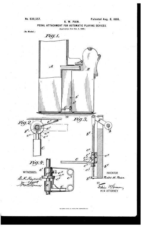 Patent drawing showing a piano casing labeled A next to an automatic playing device labeled B, with a detailed pedal-linkage mechanism including a shaft, collars, spring, and pedal C illustrated in four separate figures.