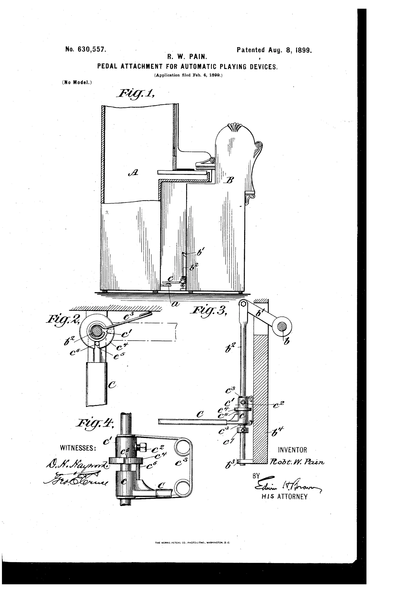 Patent drawing showing a piano casing labeled A next to an automatic playing device labeled B, with a detailed pedal-linkage mechanism including a shaft, collars, spring, and pedal C illustrated in four separate figures.