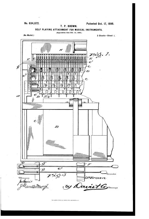 Patent drawing of a self-playing piano attachment showing a row of vertical key-levers with pneumatic bellows, an exhaust trunk system, and a tracker-board with radiating air-ducts, alongside a side-sectional view of the case with bellows, treadles, and adjustable key-lever bar.