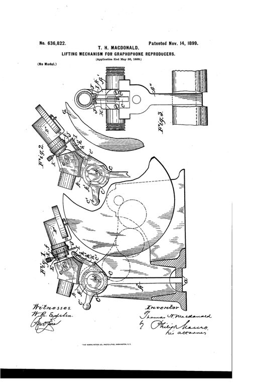 Patent drawing showing three views of a graphophone reproducer-lifting mechanism, including the carriage, pivoted neck, reproducer-head with soundbox, and a cam-actuated stop-ring and plunger assembly labeled with reference letters A through K.