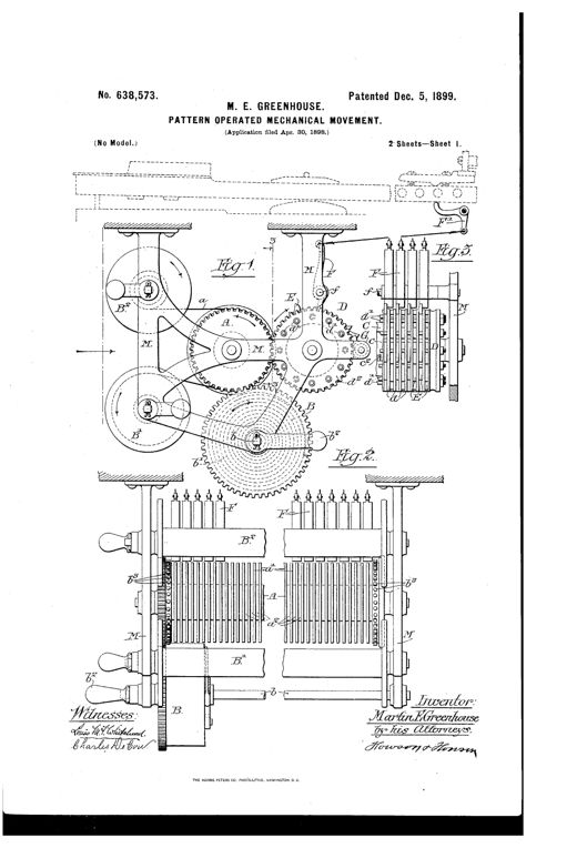 Mechanical drawing of a patent showing a spool-fed perforated paper pattern engaging a toothed carrier gear that drives a cylinder studded with spring-loaded dogs, which strike a row of pivoted levers connected to piano keys, with detail insets of the fixed hub, cam, dog, ring, jack, and a section of the punched pattern sheet.