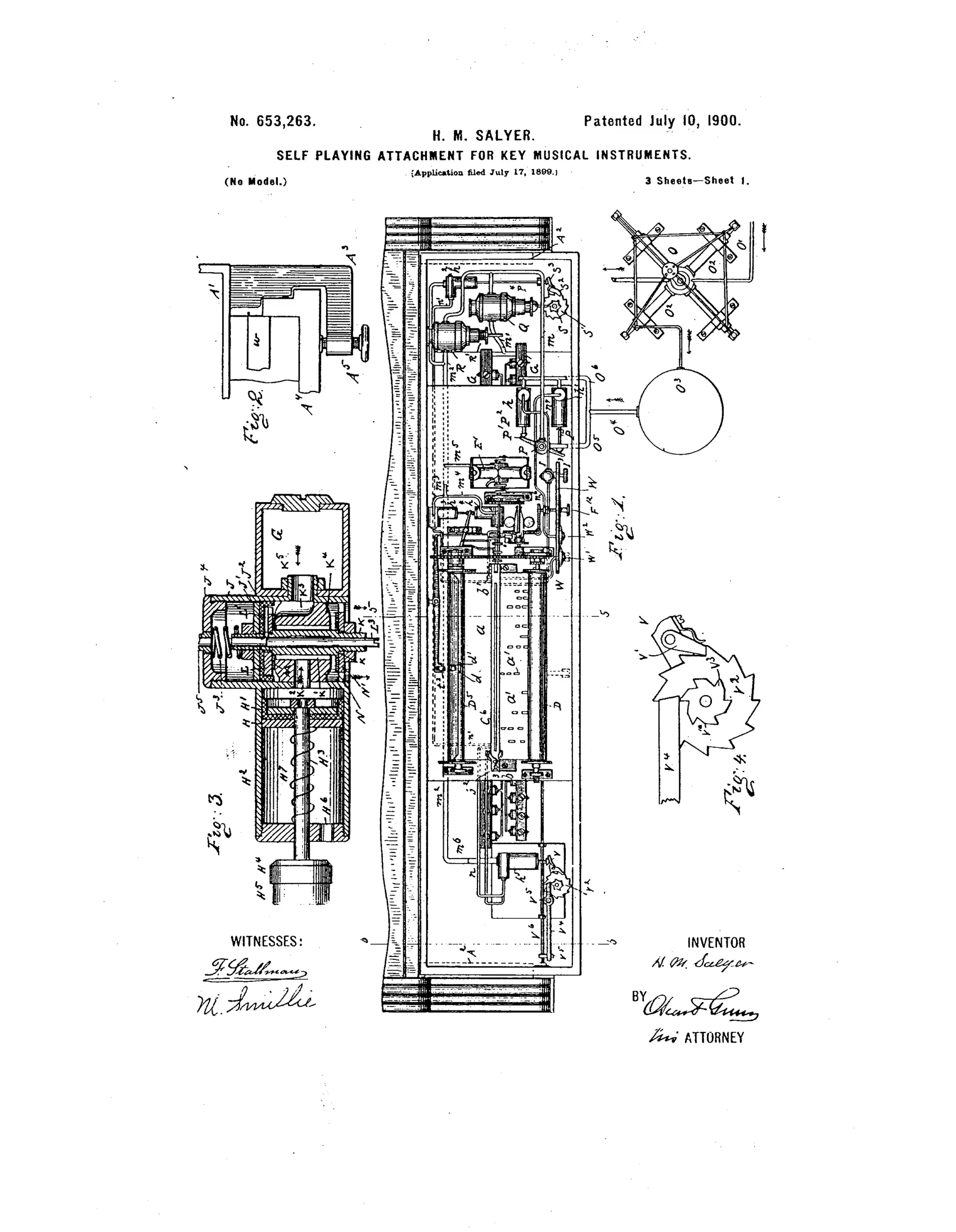 A detailed mechanical patent drawing showing a long rectangular casing mounted over a piano keyboard, containing rows of numbered valves, plungers, rollers, cog-wheels, and a governor mechanism connected by tubing to an external air compressor and tank.