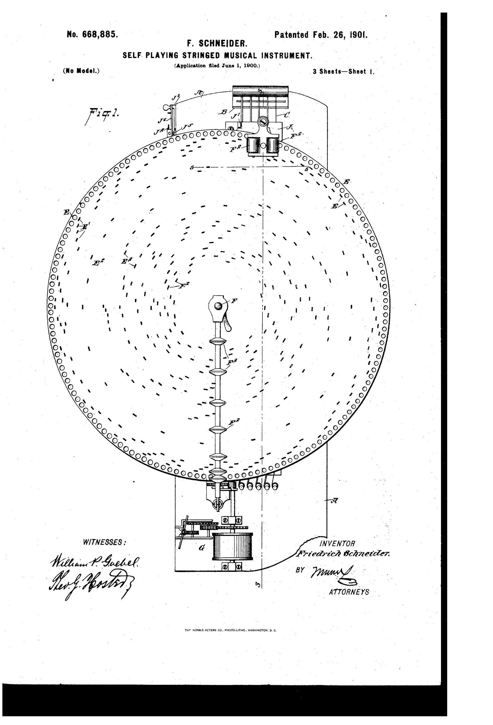 Patent drawing of a round rotating note-sheet mechanism mounted on a long banjo-like body, showing radial star-wheels, bridges, fret bars, and a hand crank used to automatically pluck and finger strings.