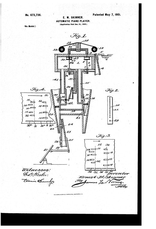 Cutaway mechanical drawing of a player-piano pneumatic mechanism showing the vacuum chamber, key-pneumatics, tracker board with a perforated paper music roll passing over it, feeder bellows, and pedal linkage, alongside detail views of the tracker board slots and a music-sheet with rows of numbered perforations.
