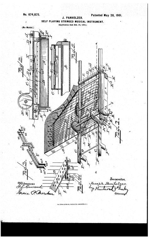 Patent drawing showing a rectangular attachment frame mounted diagonally over the strings of a cithern, with labeled side strips, cross-bars, a hand crank, feed wheels, and rows of picker-levers extending down between the strings, alongside detail views of the perforated music sheet and lever mechanism.