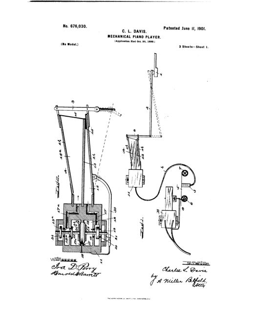 Patent drawing showing a boxed pneumatic mechanism with bellows chambers, diaphragms, valve spindles, and a lever rod connected to a piano key, alongside a wheel-driven motor variant for advancing the music roll.