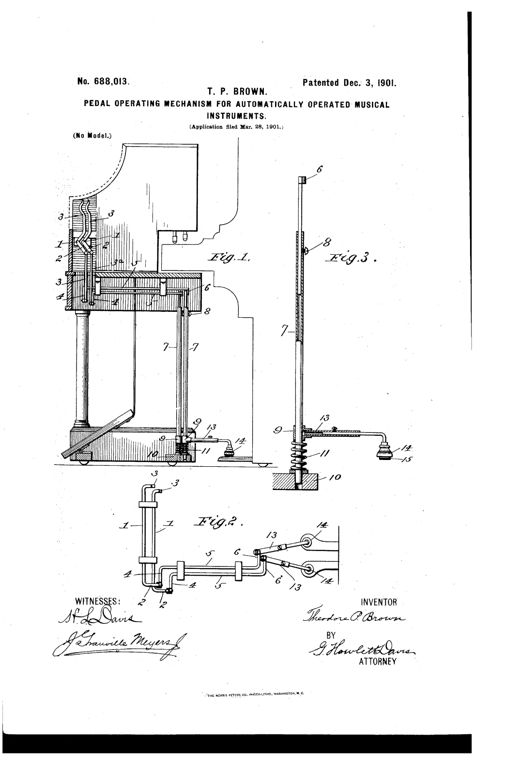Patent drawing showing a piano's interior with rock-shafts, hand levers, telescoping vertical bars, springs, and pedal-depressing arms mechanically linked to depress the piano pedals.